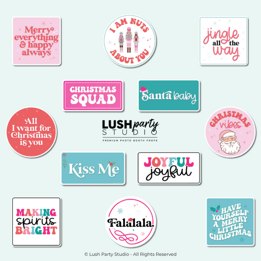 Collection of Christmas-themed photo booth props with funny sayings for kid friendly christmas parties