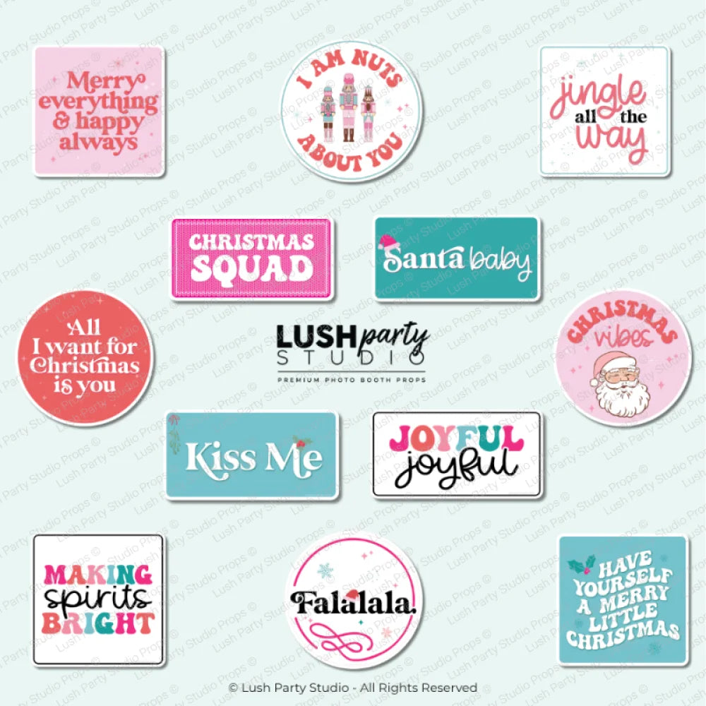Collection of Christmas-themed photo booth props with funny sayings for kid friendly christmas parties