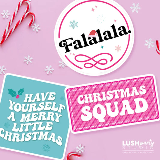 cute pink and blue photobooth props for christmas parties
