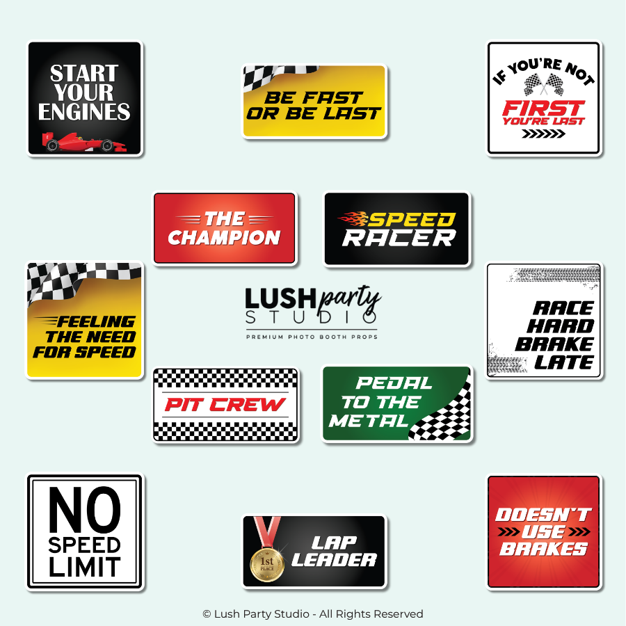 Collection of racing-themed photo booth prop signs with various sayings for parties 