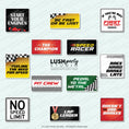 Load image into Gallery viewer, Collection of racing-themed photo booth prop signs with various sayings for parties 
