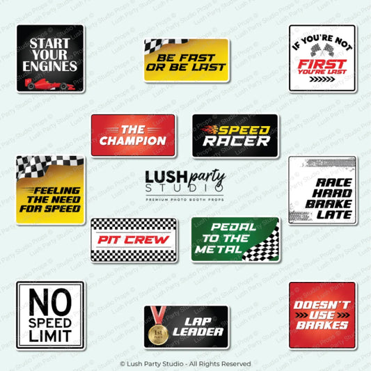 Collection of racing-themed photo booth prop signs with various sayings for parties 
