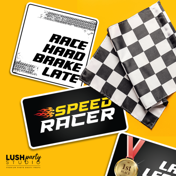 car racing photo booth props by lush party studio