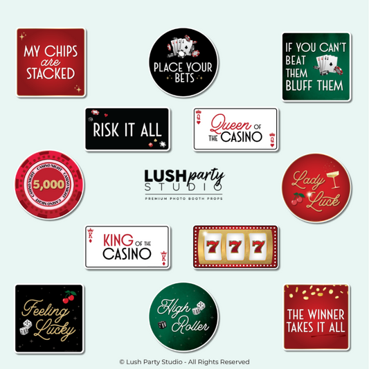 Collection of casino-themed photo booth props for casino royale or las vegas themed events