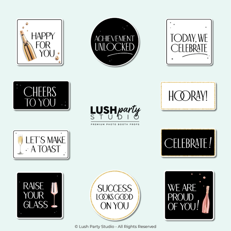 Set of general party celebration photo booth props for parties, events, birthdays, awards, graduations, galas, etc by lush party studio.