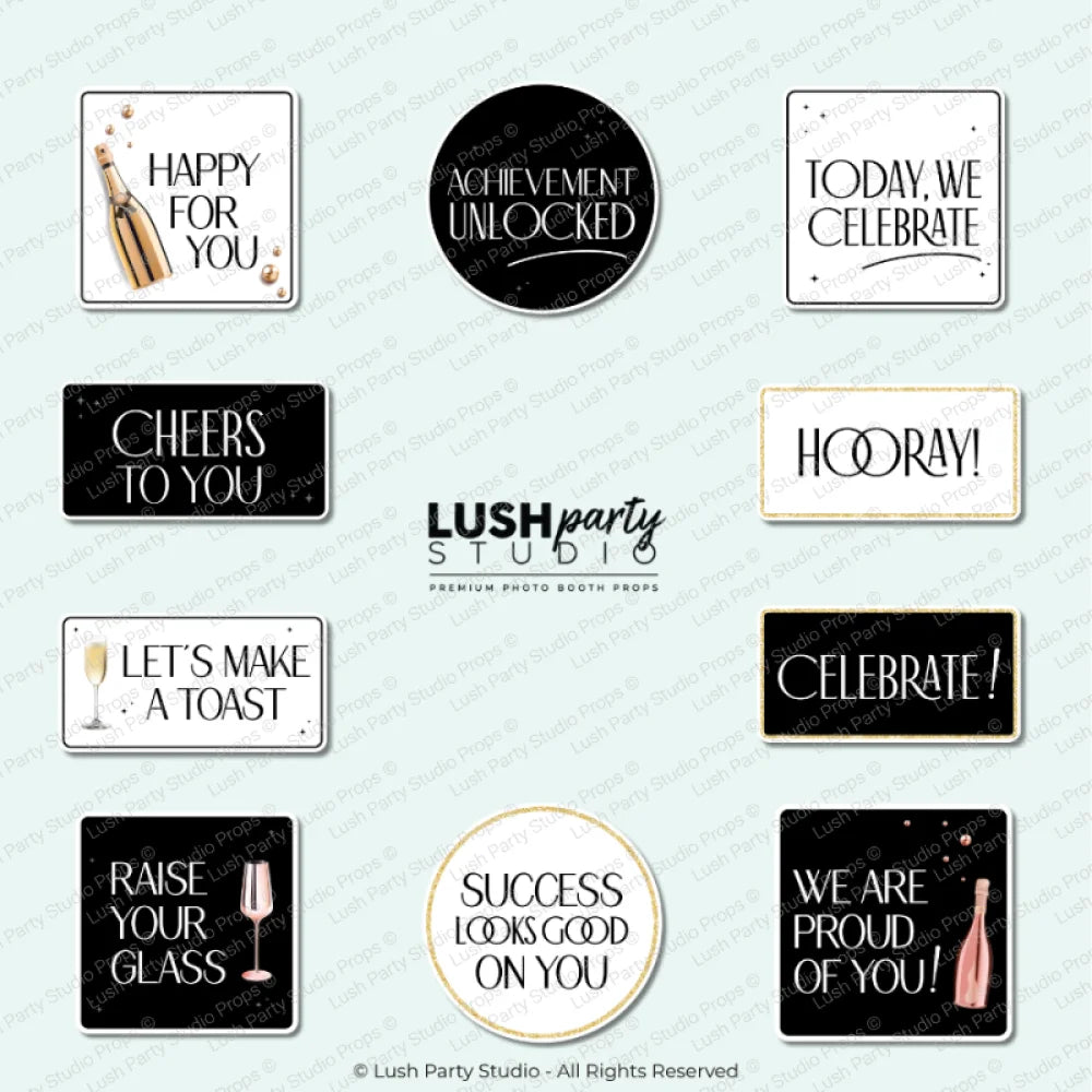 Set of general party celebration photo booth props for parties, events, birthdays, awards, graduations, galas, etc by lush party studio.