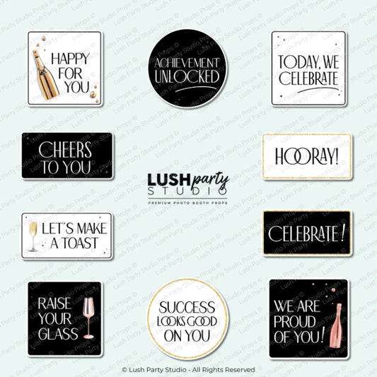 Set of general party celebration photo booth props for parties, events, birthdays, awards, graduations, galas, etc by lush party studio.