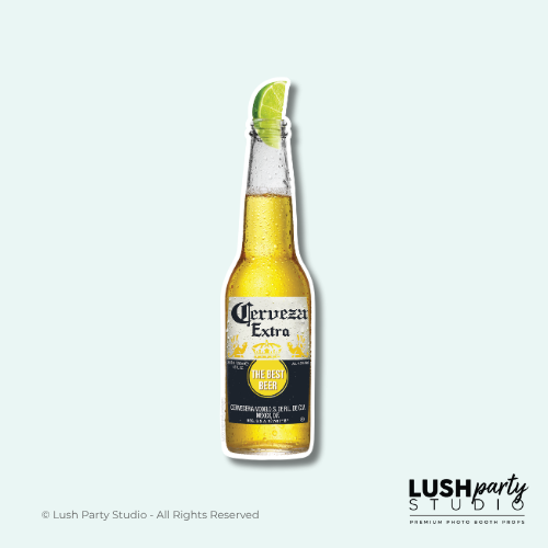 Bottle of Cerveza Extra with a lime wedge photo booth prop by Lush Party Studio.