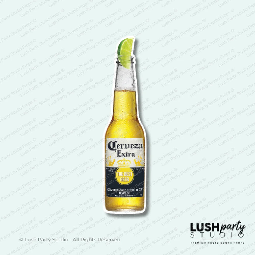 Bottle of Cerveza Extra with a lime wedge photo booth prop by Lush Party Studio.