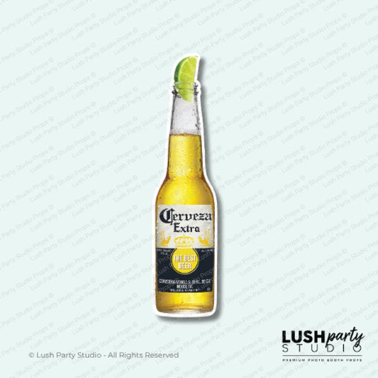 Bottle of Cerveza Extra with a lime wedge photo booth prop by Lush Party Studio.