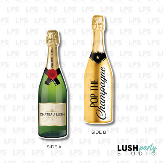 champagne bottle with 'Chateau Lush' and 'Pop the Champagne' photo booth props