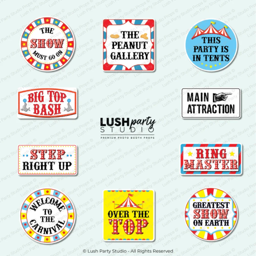 Collection of colorful circus-themed photo booth props for carnivals and circus parties by Lush Party Studio.
