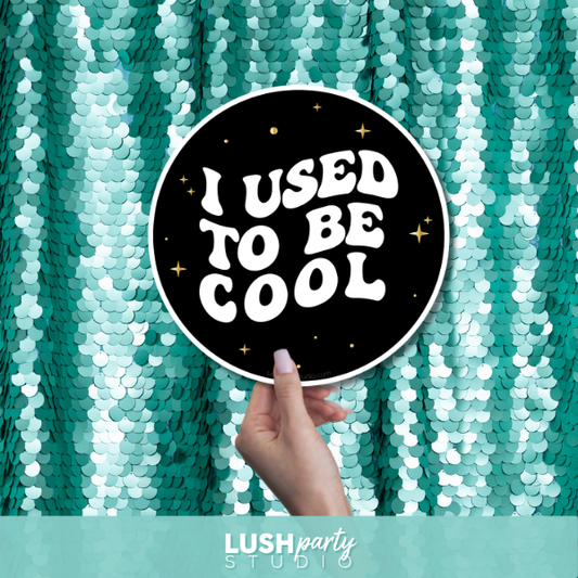 class reunion photo prop sign with 'I Used to Be Cool' text against a teal sequin background, Lush Party Studio branding visible.