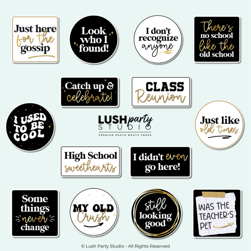 Collection of humorous photo booth props for school class reunion events with various sayings by lush party studio
