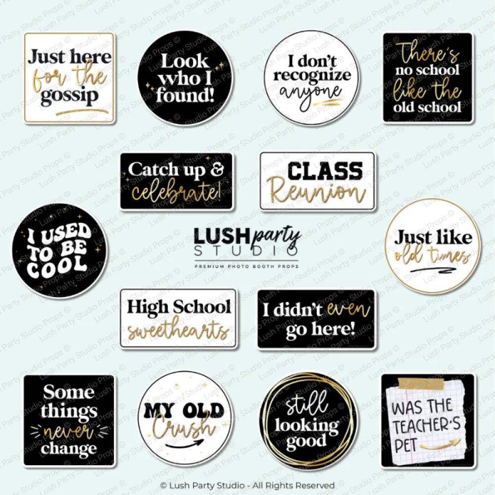 Collection of humorous photo booth props for school class reunion events with various sayings by lush party studio