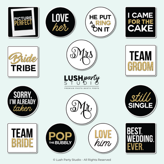 set of wedding-themed photo booth props wedding glam photo booth prop signs classy black white gold bridal photo booth prop signs