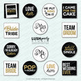Load image into Gallery viewer, set of wedding-themed photo booth props wedding glam photo booth prop signs classy black white gold bridal photo booth prop signs
