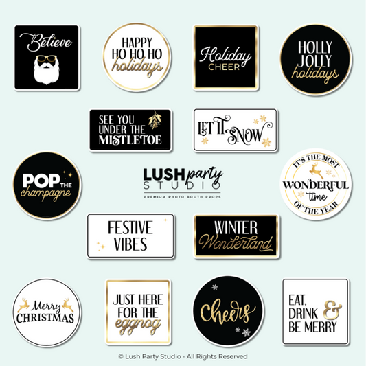 Collection of festive and classy photo booth props for christmas and holiday parties with various holiday-themed sayings by lush party studio