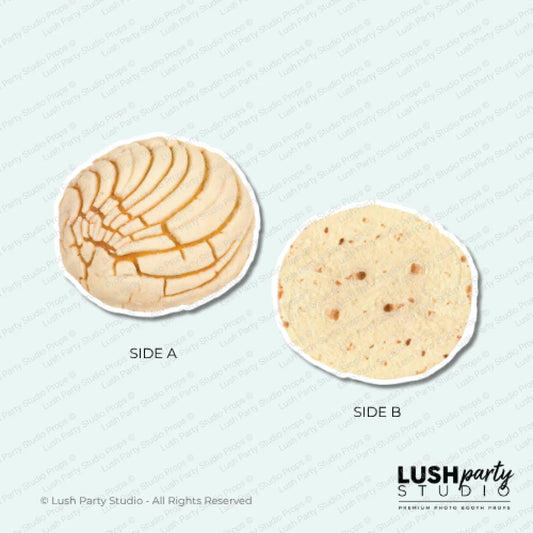 photo booth prop of a tortilla and concha bread by Lush Party Studio branding.