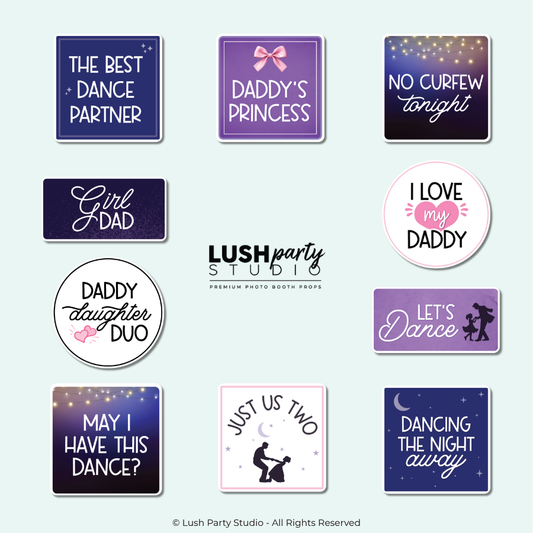 Collection of photo booth props for daddy daughter dance events and parties by lush party studio