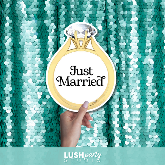 photo booth prop Gold ring with 'Just Married' text by lush party studio