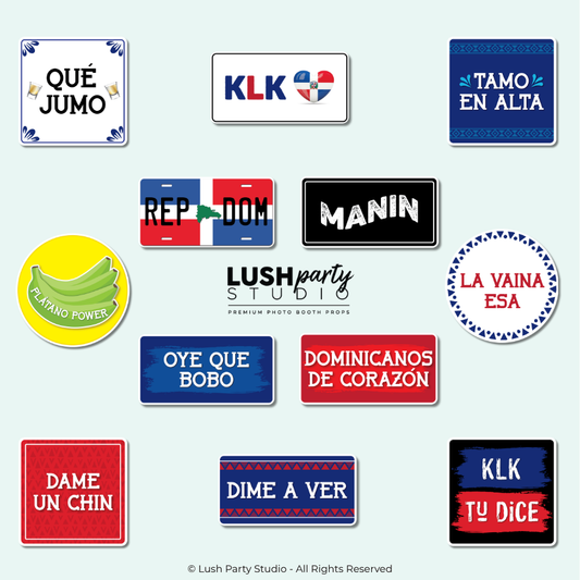 Collection of colorful photo booth props with dominican republic phrases for latin parties and events