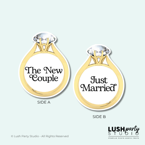 Two gold ring-shaped signs with 'The New Couple' and 'Just Married' text for photobooth props by Lush Party Studio branding.