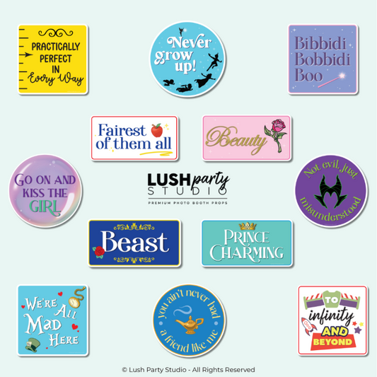 disney inspired photo booth prop signs for children parties, birthdays and events by lush party studio 
