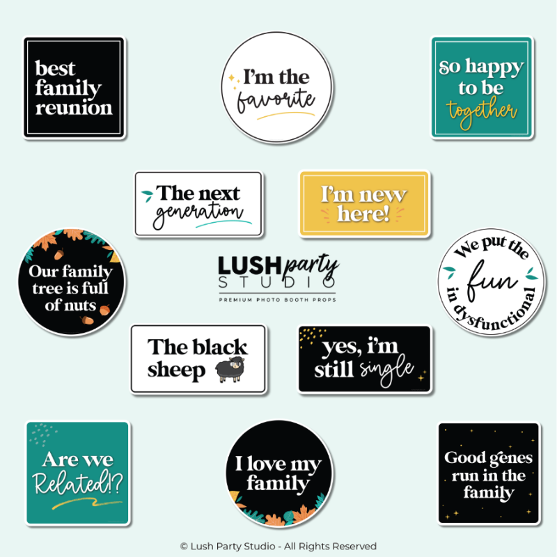 Collection of humorous and family-themed photo booth props by lush party studio