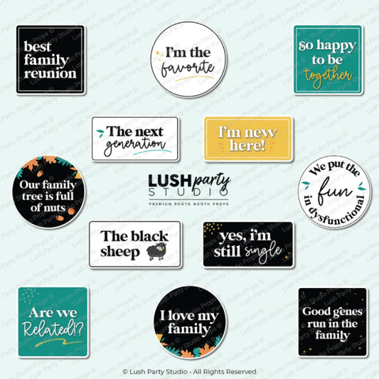 Collection of humorous and family-themed photo booth props by lush party studio