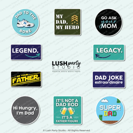 Fathers day photobooth prop signs with humorous and affectionate phrases  by lush party studio