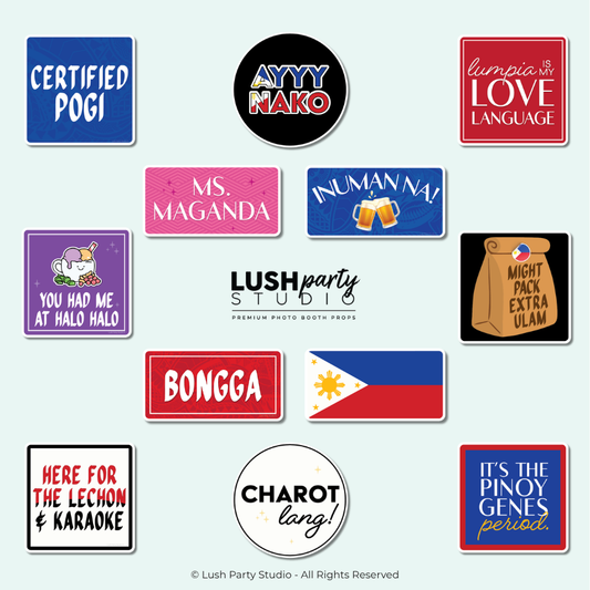 Set of colorful filipino photo booth props with various filipino pinoy text for Phillipines parties and events by lush party studio