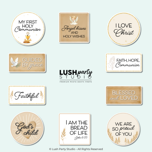 Religious first communion photo booth props for events by lush party studio