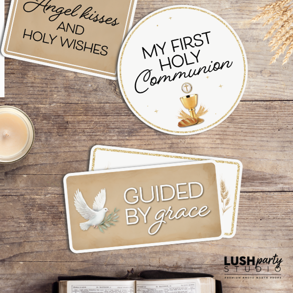 Religious first communion photo booth props for events by lush party studio