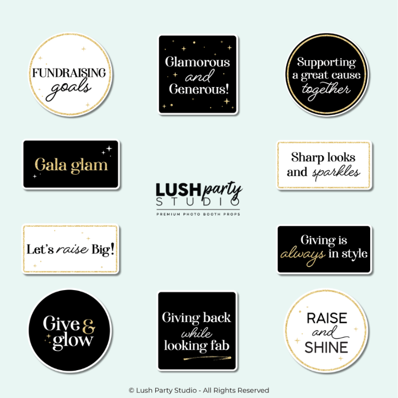  black and gold photo booth props with gala fundraiser charity phrases by lush party studio