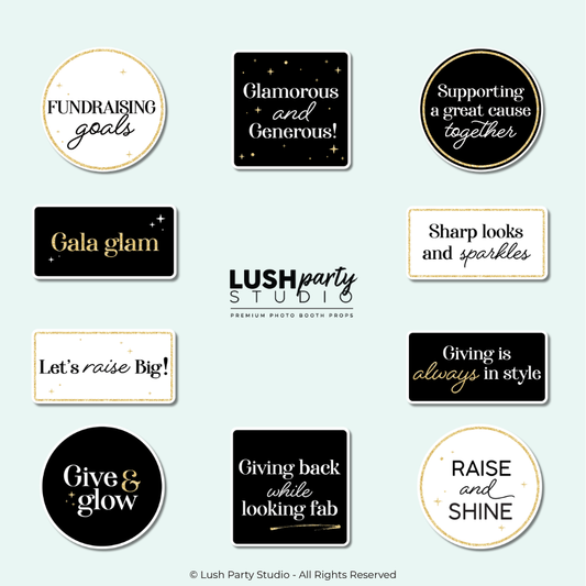  black and gold photo booth props with gala fundraiser charity phrases by lush party studio