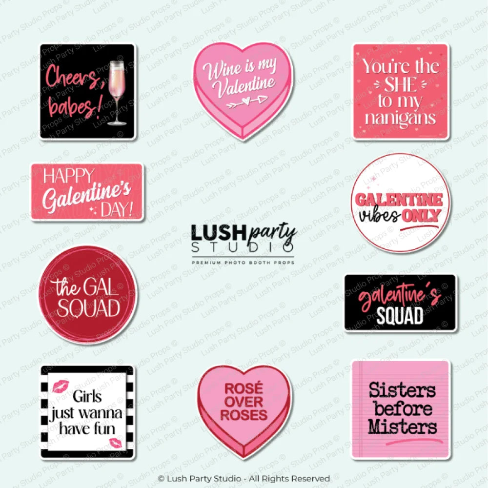 Collection of Galentine's Day themed photo booth props with humorous sayings by lush party studio