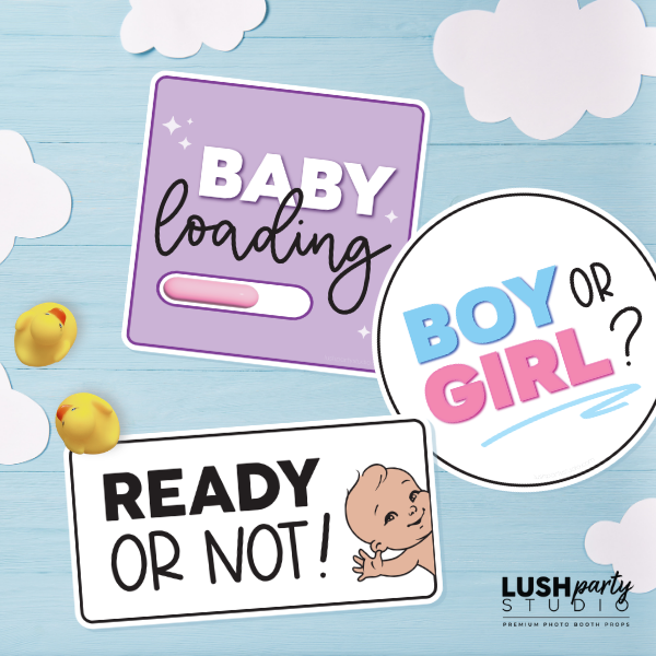 Gender reveal party decorations with 'Baby loading', 'Boy or Girl?', and 'Ready or Not!' text on a blue background.