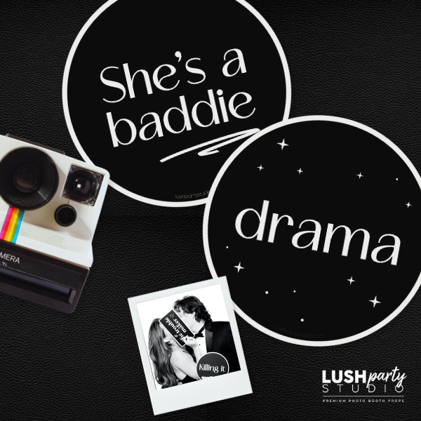 Black background with 'She's a baddie' and 'drama' text, Polaroid camera, and photo of a person holding a book.
