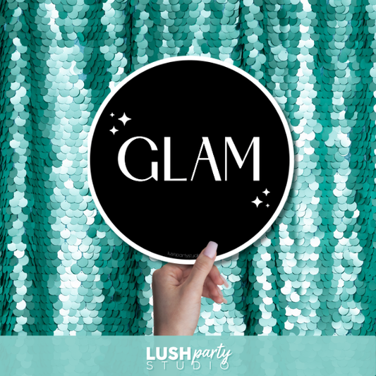 best photo booth prop sign with 'GLAM' text by lush party studio