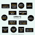 Load image into Gallery viewer, Collection of birthday-themed photo booth props for elegant birthdays in black white and gold by Lush Party Studio brand.
