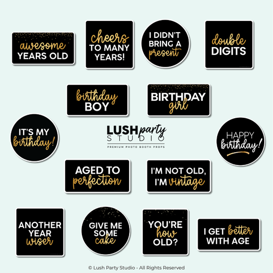 Collection of birthday-themed photo booth props for elegant birthdays in black white and gold by Lush Party Studio brand.