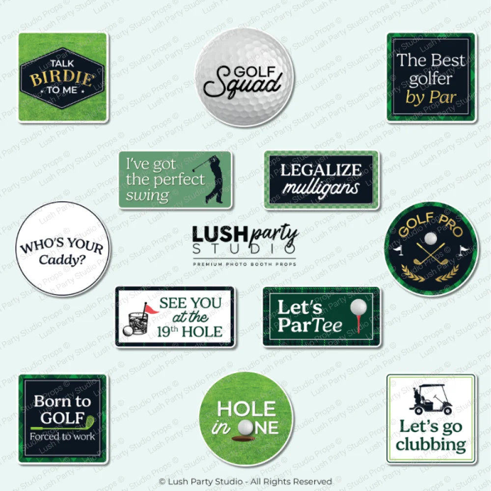 Collection of golf photo booth props for tournaments with fun sayings  by lush party studio