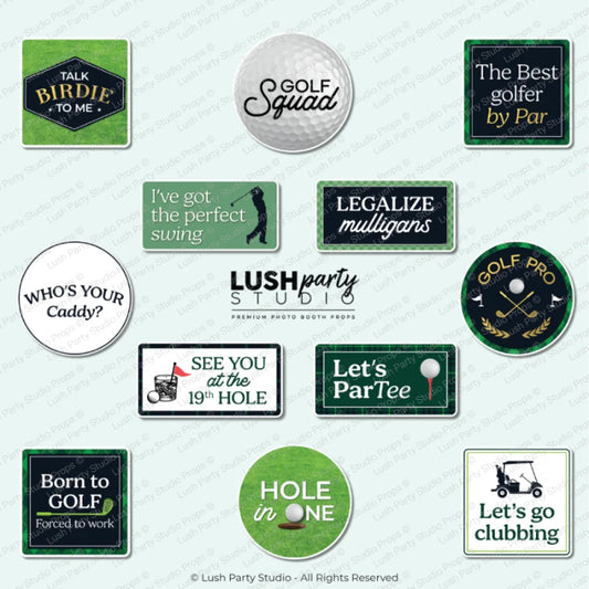 Collection of golf photo booth props for tournaments with fun sayings  by lush party studio