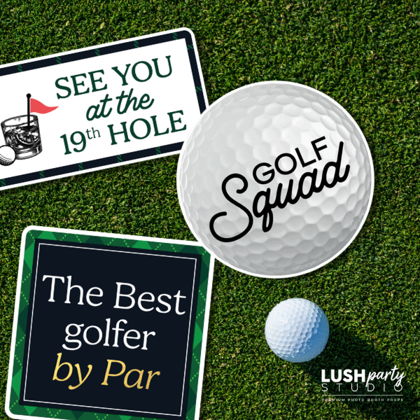 Golf-themed items including a golf ball with 'Golf Squad' text, a sign with 'See you at the 19th Hole', and another sign with 'The Best golfer by Par' on a grass background.