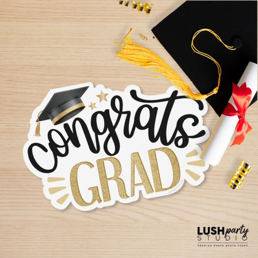 'Congrats Grad' photo booth prop sign for graduations, graduation parties and celebrations by Lush Party Studio.