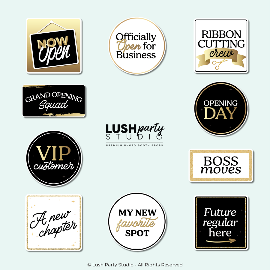 Grand Opening props for small businesses, store openings, and events black and white gold