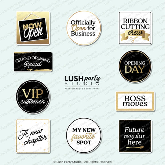Grand Opening props for small businesses, store openings, and events black and white gold