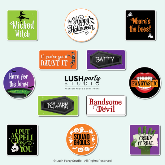 Halloween photo booth props with various sayings by lush party studio