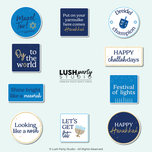 Hanukkah jewish celebration photo booth prop signs made by Lush Party Studio.
